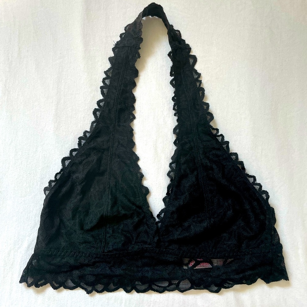 Vintage PINK Victoria Secret Black Halter Bralette with Floral Lace Size Small